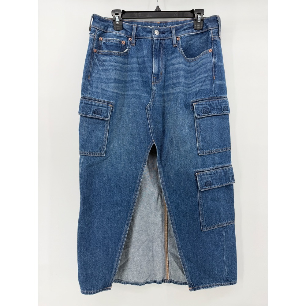 American Eagle Cargo Denim Maxi Skirt Blue High Waisted Front Slit Size 8